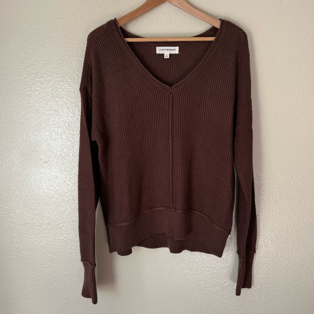 Lucky Brand Chocolate Brown V-Neck Waffle Knit Sweater